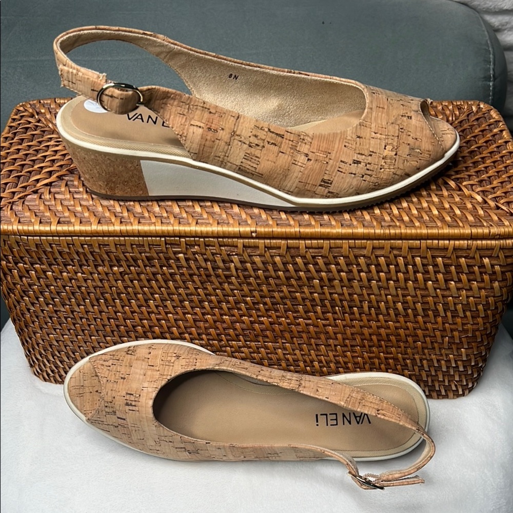 Vaneli Tan Wedge Shoes with Perforated Design